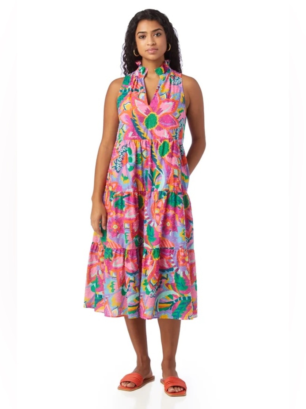 Crosby by Mollie Burch Pink Floral Tiered Wesley Midi Dress in Heat Waves size L